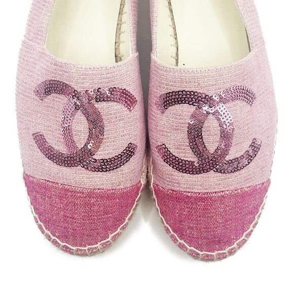Authentic CHANEL CC Logo Canvas Pink Sequin Espadrilles Flats Shoes 38 - Picture 4 of 7